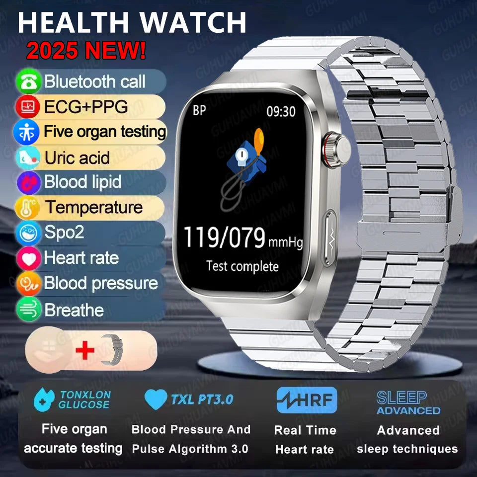 2025 Micro Physical Exam AI Health Diagnosis Smartwatch For Men Uric Acid Body Fat Five Organ scan + Bluetooth Calling